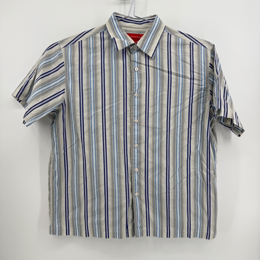 Emanuel Ungaro Button Down Mens XXL Blue Striped Cotton Short Sleeve Shirt